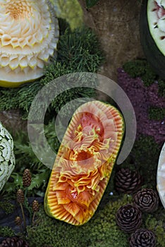 Thai fruit carving on Papaya and other fruits