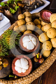 Thai fruits, mangosteen, Rambutan and longong,close up