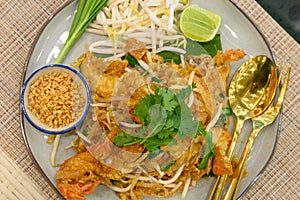 Thai fry noodle with shrimp, Pad Thai is famous street food for Thailand