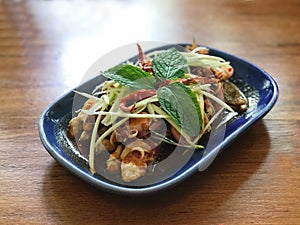 Thai fusion food, fried salmon spicy salad