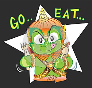 Thai Giant cartoon tell you want to go eat he has fork and spoon