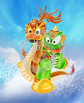 Thai Giant riding Dragon to flying cartoon character design has background is clound and the sky