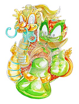 Thai Giant Siam Ghumphant riding Dragon flying hand paint and drawn cartoon character acting design