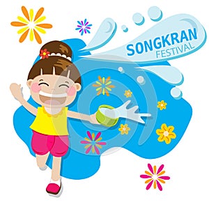 Thai girl happy splash water playing for Songkran festival in Thailand for Thai New Year during hot summer