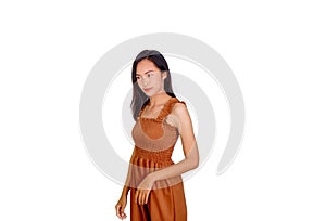 Thai girl long hair in brown tank top dress