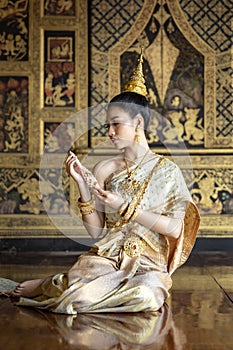 Thai girl in traditional thai costume, identity culture of Thailand