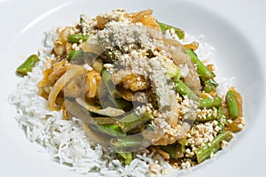 Thai green bean and meat stiry fry with rice