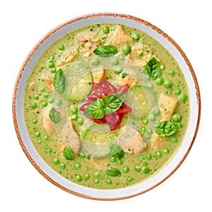 Thai Green Curry with Chicken or Gaeng Kaew Wan Gai isolated on white background. Thai Food