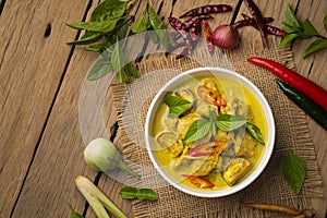 Thai Green Curry with Fish Balls in white bowl ,thai food