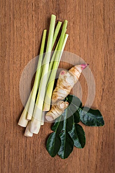 Thai herb lemongrass,galanga and kaffir lime leaf for some Thai