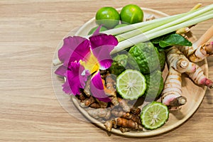 Thai ingredient use as spa ingredients setting on wood plate