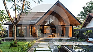 Thai Isaan houses and Japanese Muji style in realistic photographs, showcasing minimalist architecture that harmoniously