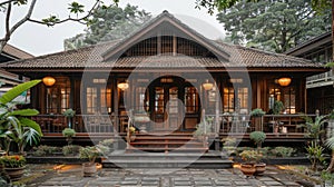 Thai Isaan houses and Japanese Muji style in realistic photographs, showcasing minimalist architecture that harmoniously