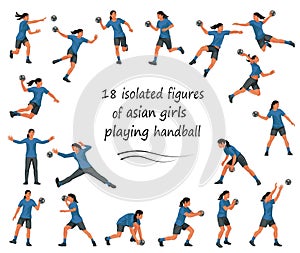 Thai or Japanese girls playing women\'s handball in blue T-shirts in various poses training, running, jumping, throwing th
