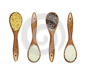 Thai jasmine rice in wooden spoon isolated on white