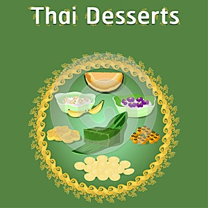 Thai khanom desserts sweet sugar tasty tub tim banana coconut delicious chestnut homemade vector download now illustration