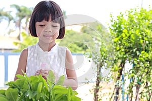 Thai kid girl, aged 4 to 6 years old, cute face, Asian descent studying online She raised her hand and asked. smiling face she