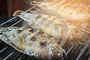 Thai local food - fresh delicious Salt Crusted Grilled Fish in street market