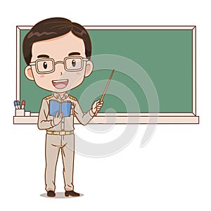 Thai male teacher holding a stick in front of blackboard.