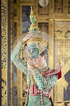 Thai men gather wearing Ravana`s dress. Preparing to perform Thai pantomime