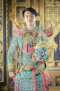 Thai men gather wearing Ravana`s dress. Preparing to perform Thai pantomime