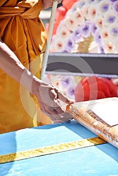 Thai monks in cremation ceremony carrying coffin cloths in cremation ceremony. Thai culture, Buddhism