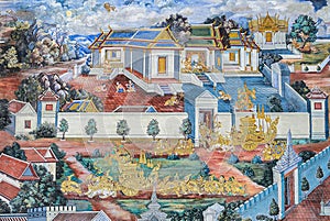 Thai Mural fresco of Ramakien epic at the Grand Palace in Bangkok, Thailand