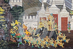 Thai Mural fresco of Ramakien epic at the Grand Palace in Bangkok, Thailand