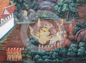 Thai Mural fresco of Ramakien epic at the Grand Palace in Bangkok, Thailand photo