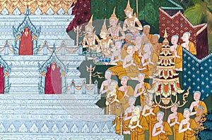 Thai Mural Painting on the wall, Wat Pho, Bangkok, Thailand