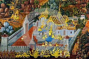 Thai mural paintings at Wat Phra Kaew in Bangkok, Thailand.