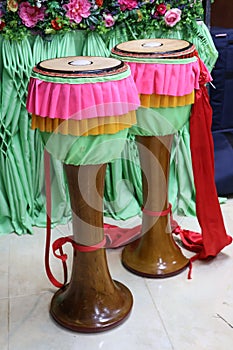Thai musical instrument, a rhythm machine called Krong, ancient wooden drum, Khaek drum. photo