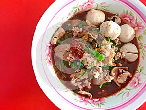 Thai nam tok noodle with pork blood soup