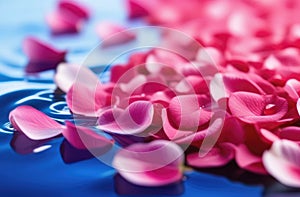 Thai New Year, lots of rose petals in the water, pink roses, surface with ripples, background of spa and cosmetics