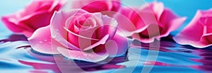 Thai New Year, pink roses in the water, rose petals, surface with ripples, background of spa and cosmetics concepts,