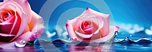 Thai New Year, pink roses in the water, rose petals, surface with ripples, spa and cosmetics concept background, drops