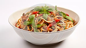 White Bowl Of Pasta With Oriental Flair photo