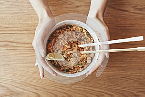 Thai noodle Pad Thai bowl background. Traditional rice noodles with shrimp and seafood. Asian food concept.