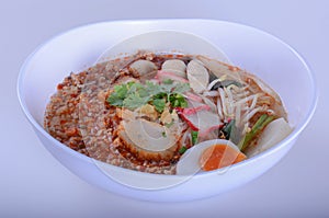 Thai noodle soup,Tom Yum , Thai Food  in White Bowl