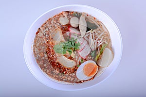 Thai noodle soup,Tom Yum , Thai Food  in White Bowl