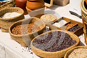 Thai organic red jasmine rice in weave basket