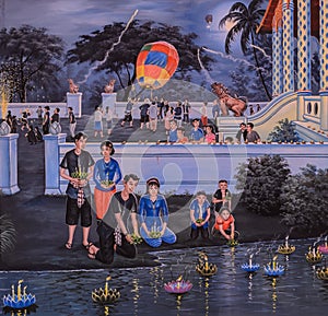 Thai painting of Loi Krathong festival