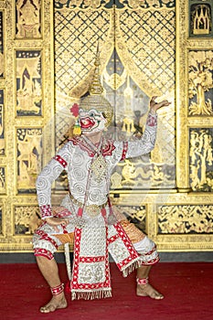 Thai pantomime dance scene Hanuman is standing with the weapons in ready position