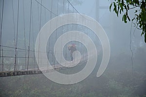 Thai people carrying firewood walking on Suspension wooden bridge