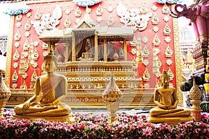 Thai people and foreign traveler respect praying and rite ritual god angel buddha statue at Wat Bang Phli Yai Nai Temple in Bang
