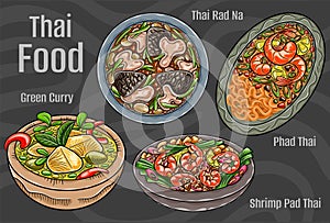 Thai popular food. A set of classic dishes. Cartoon hand drawn illustration