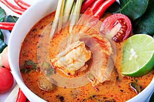 Thai Prawn Soup with Lemongrass (Tom Yum Goong) on White Background.