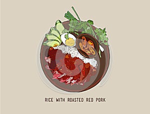 Thai Red BBQ Pork With Rice Thai food.hand draw vector.