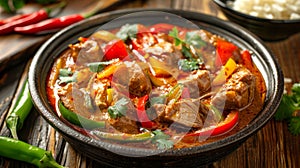 Thai red curry with duck served in a bowl, garnished with basil and bell peppers. Spicy national Thai dish. Concept of