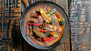 Thai red curry with duck served in bowl garnished with basil, bell peppers. Spicy national Thai dish. Concept of Asian